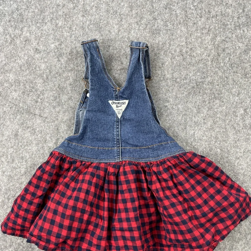 VTG Oshkosh Bgosh Overall Jumper Dress Toddler 3T Denim Buffalo Plaid Ruffle Y2K
